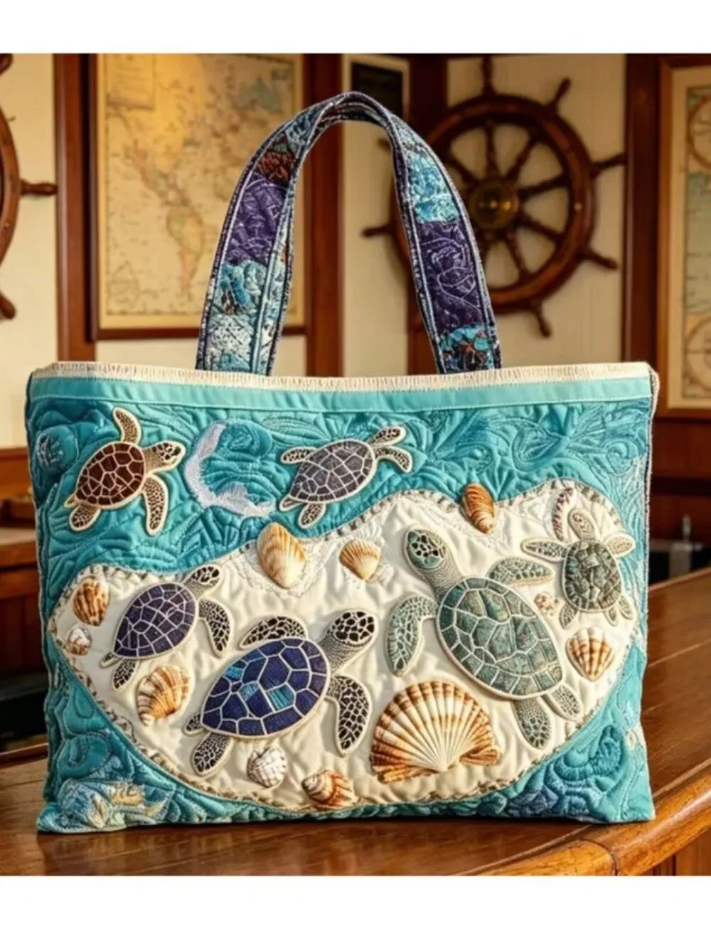 NWT Quilted Sea Turtle Tote Bag Large Coastal Beach Handbag Seashell Ocean